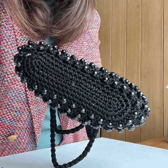 1950s Vintage Italian Black Beaded Crochet Handbag Ritten Exclusive - Picture 5 of 9